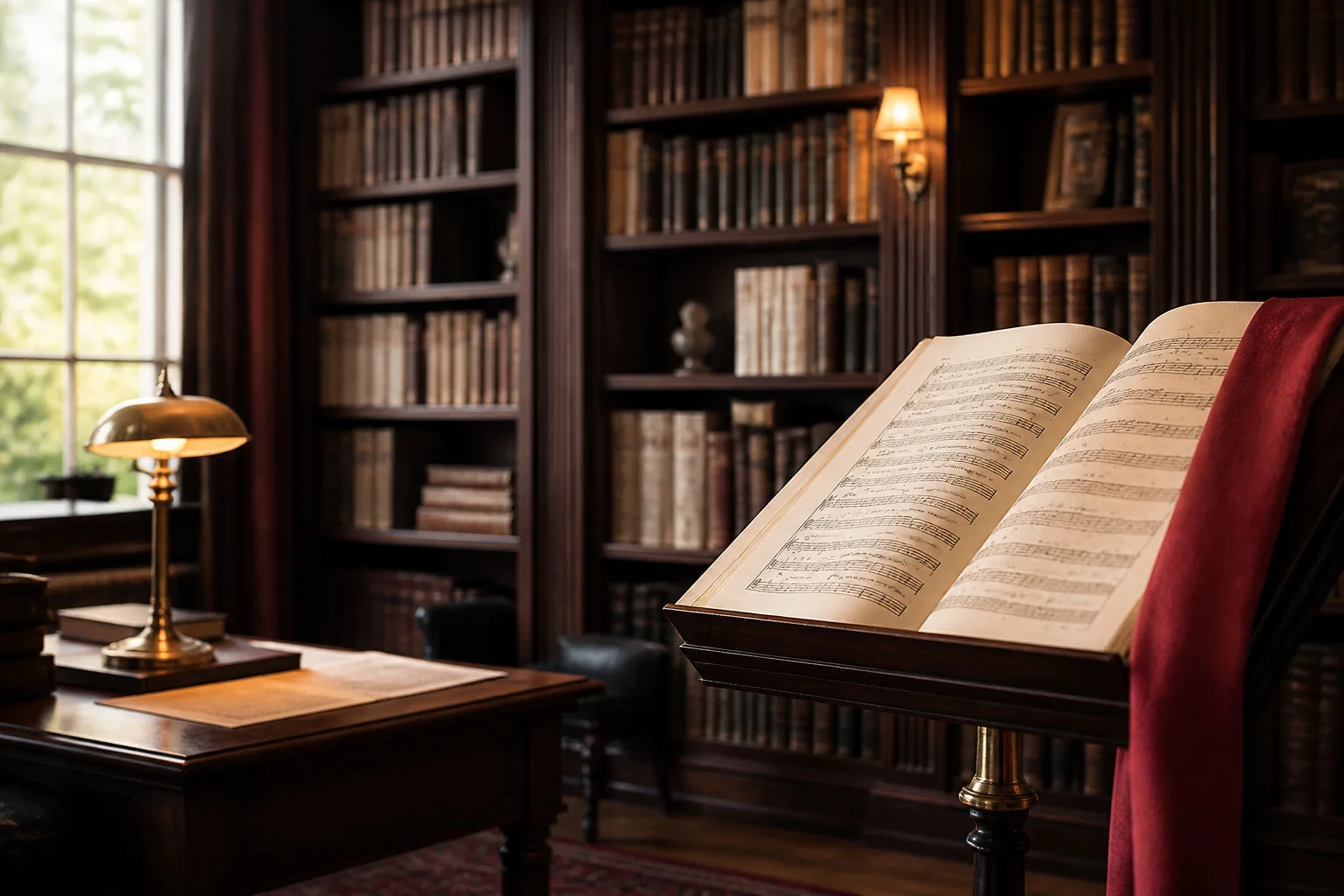 Biblioteca de música com uma partitura aberta sobre o atril