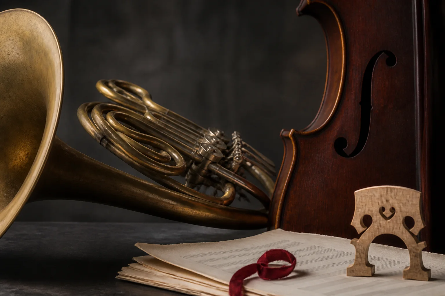 Detalhes de trompa, violoncelo e partituras