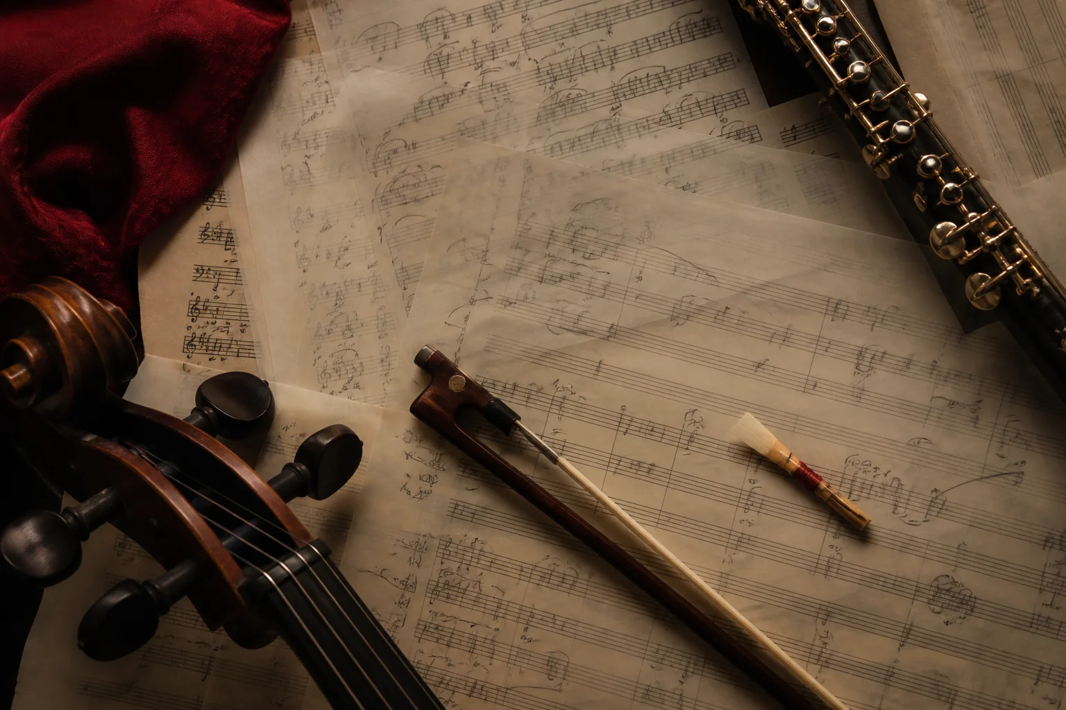 Partituras sobrepostas com detalhes de instrumentos orquestrais